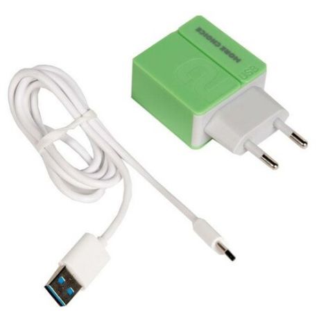 Зарядное устройство More choice NC46a, два разъема USB, кабель Type-C, 5V, 2.4A, зеленый