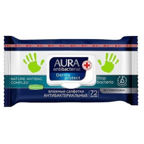 AURA антибактериальная Влажные салфетки антибактериальные ромашка big-pack с крышкой 72шт