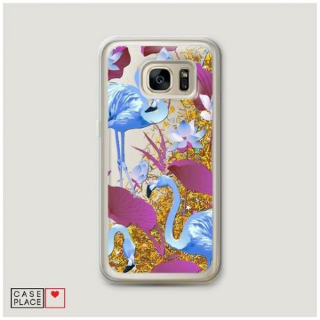 Чехол Жидкий с блестками Samsung Galaxy S6 edge Фламинго в цветах