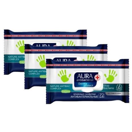 Aura Влажные салфетки антибактериальные с ромашкой 72 шт , 3 упаковки