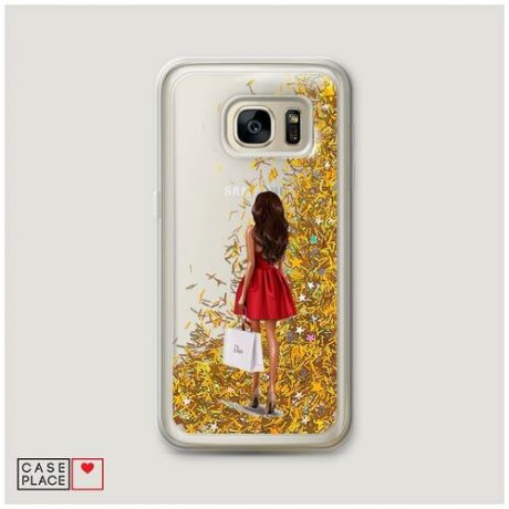 Чехол Жидкий с блестками Samsung Galaxy S6 edge Девушка в красном мини-платье