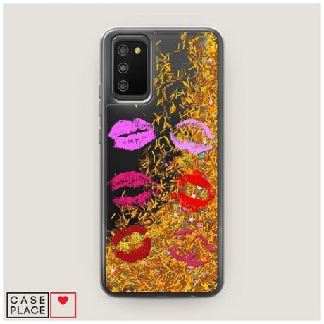Чехол Жидкий с блестками Samsung Galaxy A02s Поцелуи помада