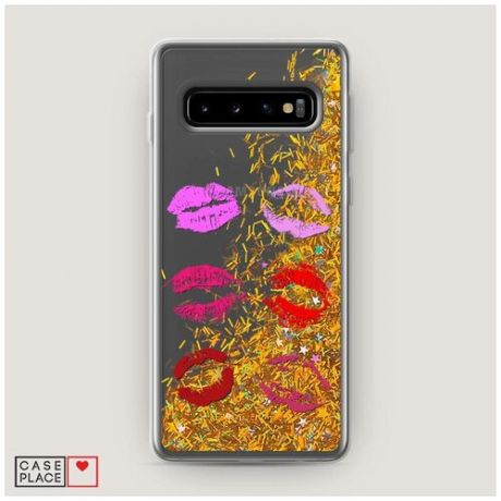Чехол Жидкий с блестками Samsung Galaxy S10 Поцелуи помада