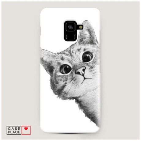 Чехол Пластиковый Samsung Galaxy A8 Plus 2018 Кот рисунок черно-белый