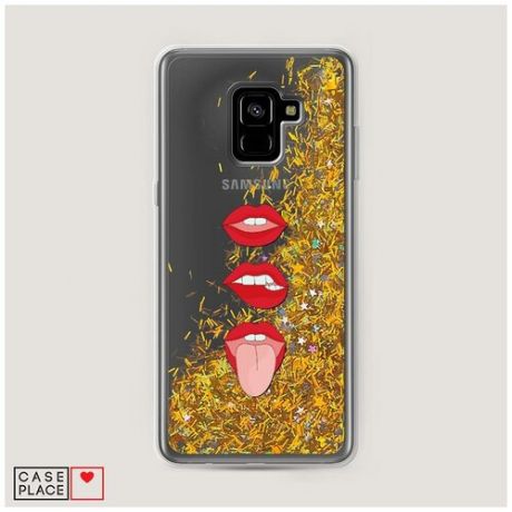 Чехол Жидкий с блестками Samsung Galaxy A8 Plus 2018 Губы в ряд