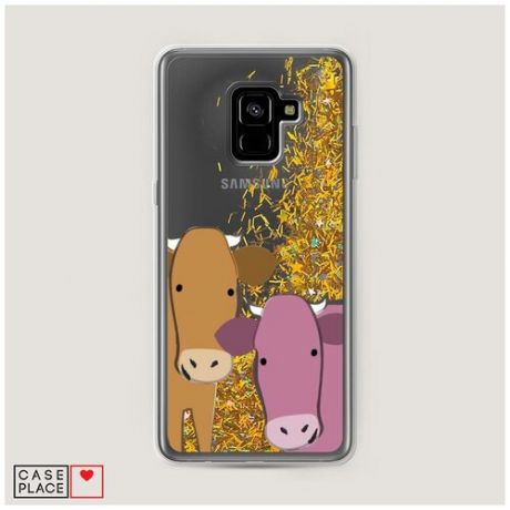 Чехол Жидкий с блестками Samsung Galaxy A8 Plus 2018 Две коровки