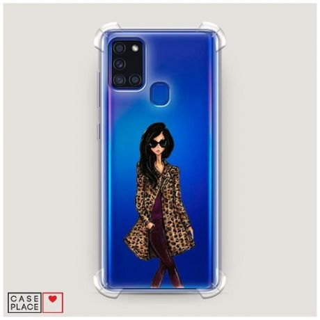 Чехол силиконовый Противоударный Samsung Galaxy A21s Девушка в леопардовой шубе