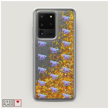 Чехол Жидкий с блестками Samsung Galaxy S20 Ultra Качели-единороги фон