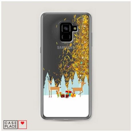 Чехол Жидкий с блестками Samsung Galaxy A8 Plus 2018 Олени с подарками