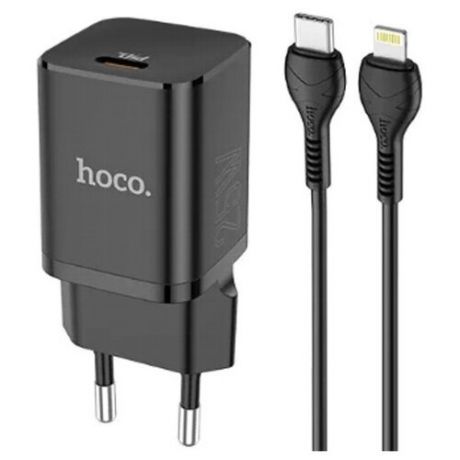 Сетевой адаптер питания Hoco N19 Black зарядка QC30 и USB-C PD 25W 1 порт плюс кабель Lightning, черный