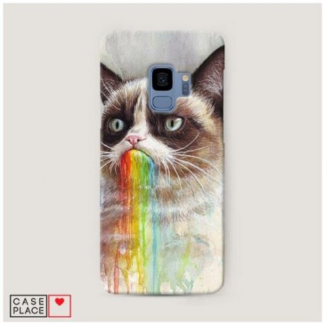 Чехол Пластиковый Samsung Galaxy S9 Сердитый кот с радугой