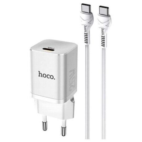 Сетевой адаптер питания Hoco N19 White зарядка QC30 и USB-C PD 25W 1 порт плюс кабель USB-C, белый