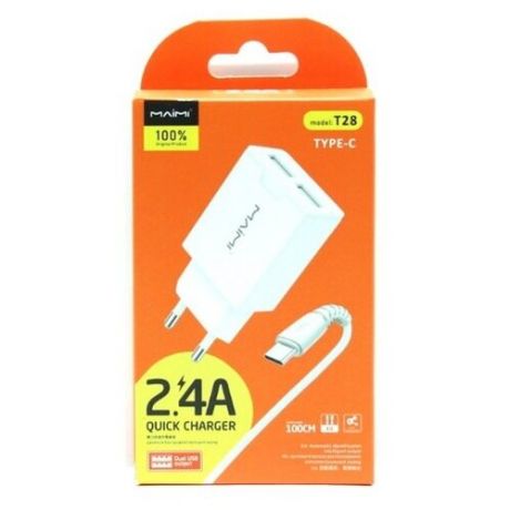 Сетевое зарядное устройство для быстрой зарядки 2 разъема USB, MAIMI T-28, кабель Type- C в комплекте, белый