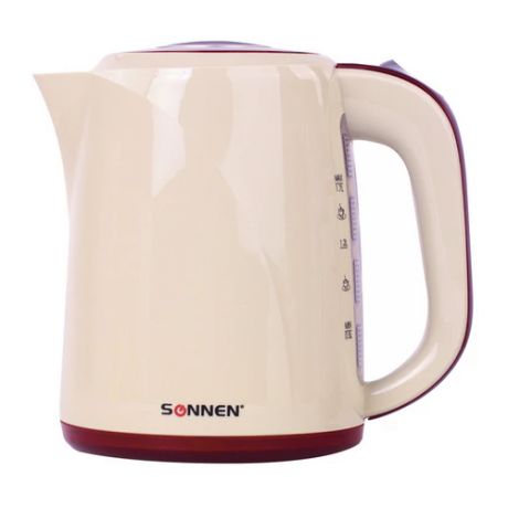 SONNEN Чайник SONNEN KT-002B, 1,7 л, 2200 Вт, закрытый нагревательный элемент, пластик, белый/черный, 454994