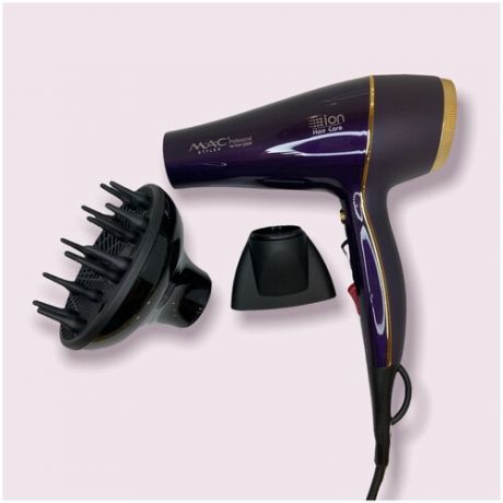Профессиональный ионный фен для волос MAC Styler MC-6690A черный с 2- мя насадками : диффузором и насадкой- концентротором , Женский легкий фен для укладки в домашних условиях