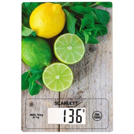 Весы кухонные SCARLETT SC-KS57P21 "Лимоны", электронный дисплей, max вес 10 кг, тарокомпенсация, стекло