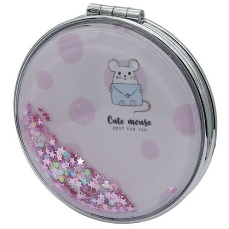 Зеркало косметическое "Mouse Pink", с блестками, складное, круглое