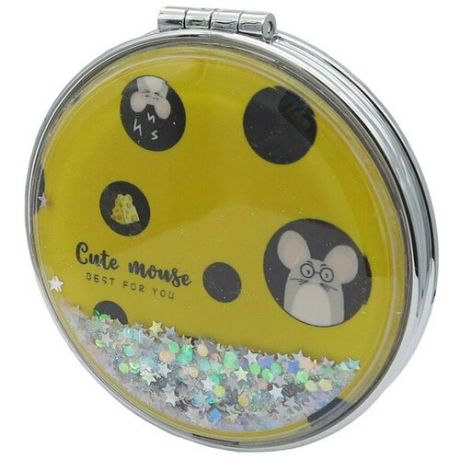 Зеркало косметическое "Mouse Yellow", с блестками, складное, круглое