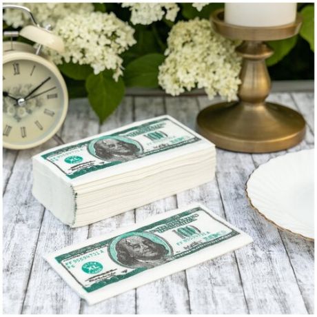 Салфетки бумажные в виде денег "100 долларов" с рисунком стодолларовых купюр в зеленой гамме - на свадьбу, юбилей и день рождения, 3 пачки