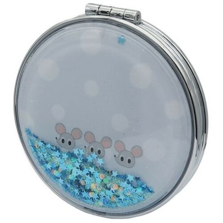 Зеркало косметическое "Mouse Blue", с блестками, складное, круглое