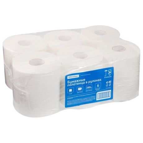 Полотенца бумажные для держателя 1-слойные OfficeClean, рулонные, белые, 6 рул/уп (262647)