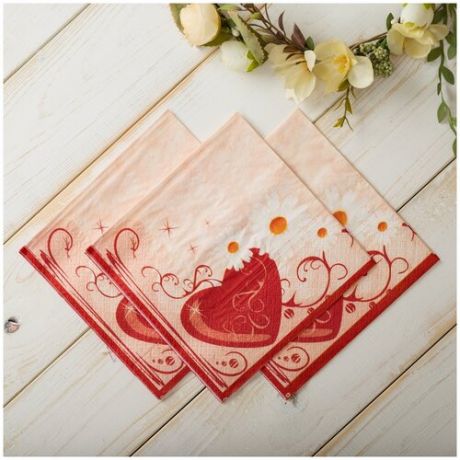 Розовые бумажные салфетки с рисунком "Ромашки и сердечко" с красным сердцем, белыми ромашками и узорами - для пикника и сервировки свадебного банкета, 3 пачки