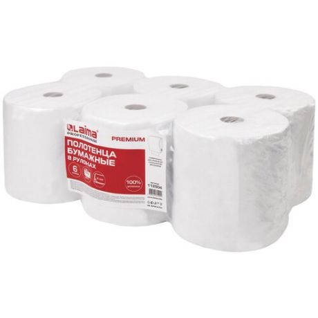 Бумажные полотенца для диспенсера лайма LAIMA (Система H1) PREMIUM рулонные 150 м, M, 2-слойные, белые с цветным тиснением, комплект 6 рулонов