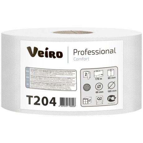 Бумага туалетная 170 м, VEIRO (Система Q2), комплект 12 шт., Comfort, 2-слойная, T204