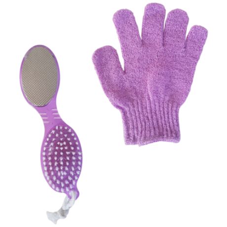 Терка для ног многофункциональная фиолетовая и перчатка для пилинга массажная, набор KF.
