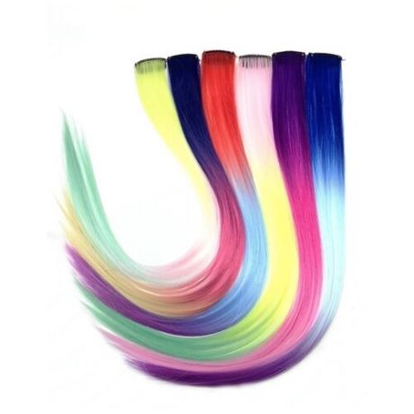 Волосы и заколки: Цветные пряди волос на заколках, цветные локоны, канекалон - 6шт