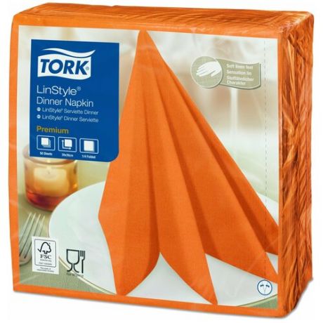 Салфетки бумажные нетканые сервировочные TORK LinStyle Premium, 39х39 см, 50 шт., оранжевые, 478851, 111629