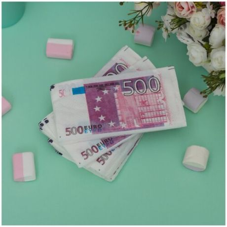 Салфетки праздничные бумажные в виде купюр "500 евро" для пикника, вечеринки и сервировки свадебного банкета, из бумаги с рисунком в сиреневых и фиолетовых тонах, 3 пачки