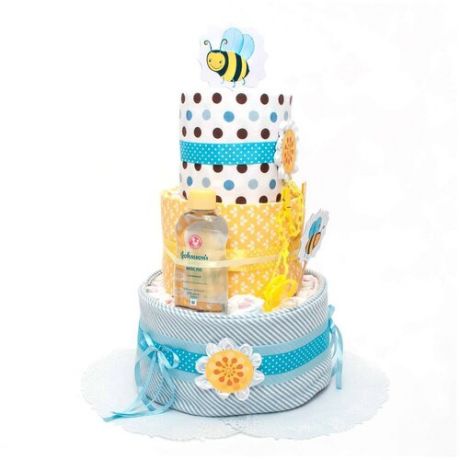 Большой торт из памперсов, пеленок и аксессуаров для девочки и мальчика "Пчелка" в подарок на встречу из роддома, в голубых и желтых тонах, с атласными лентами, бантиками и веселыми рисунками, трехъярусный