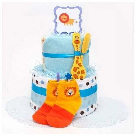 Красочный торт из японских памперсов и детской одежды "Африка" для новорожденного малыша на день рождения и выписку из роддома, в голубых и оранжевых тонах, двухъярусный