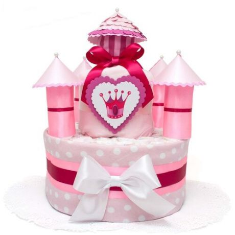 Розовый торт из подгузников для девочки "Маленькая принцесса" в виде дворца с башенками, с пеленками и боди для новорожденной дочки, с атласными бантами в белых и розовых оттенках