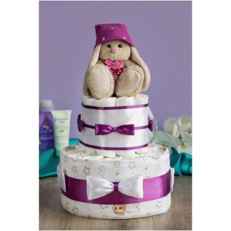 Модный тортик из памперсов "Божья коровка" с мягкой игрушкой зайчиком и пеленкой для новорожденного мальчика или девочки, с атласным декором в красных и белых оттенках, двухъярусный