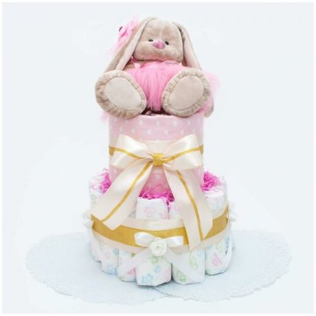 Тортик из японских памперсов для новорожденной девочки "Очарование" с мягкой игрушкой Зайка Ми и латексными розами, с декором ручной работы в кремовых, золотых и розовых тонах, двухъярусный