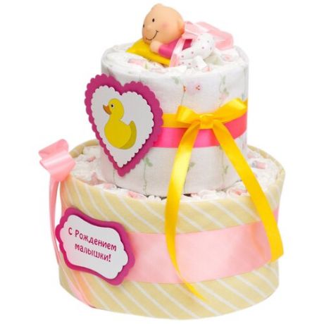 Милый торт из подгузников "Утенок" для новорожденной девочки на встречу из роддома, с пеленками и игрушкой для ванны, с атласными бантами и декором в желтых, розовых тонах, двухъярусный