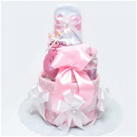 Большой торт из памперсов для девочки "Розовый зефир" на выписку дочки из роддома, с одеждой и пеленками, с декором в розовых тонах и атласным бантом, трехъярусный