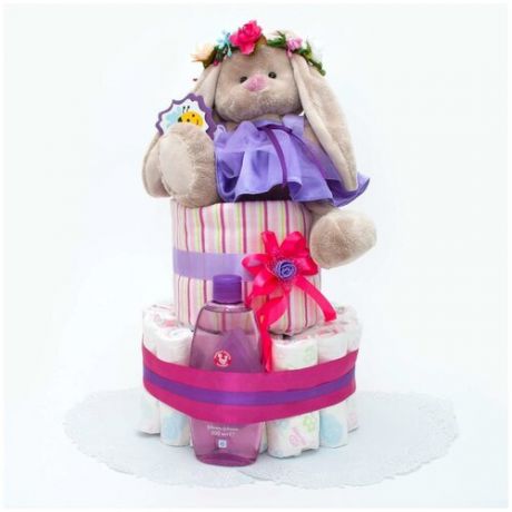 Тортик из памперсов с мягкой игрушкой "Заинька" для новорожденной девочки в розовых тонах, с детским шампунем, двухъярусный