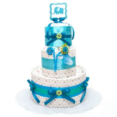 Высокий торт из памперсов на рождение мальчика "Синий слоник" с постельным бельем и пустышкой для малыша, с декором ручной работы из атласных лент голубого и синего оттенков, трехъярусный