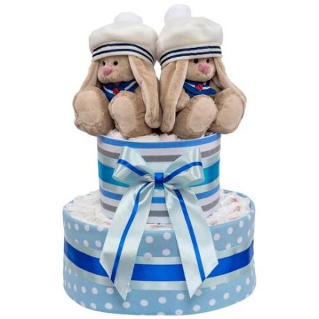 Милый торт из подгузников "Наши зайчата" для новорожденных мальчиков близнецов или двойняшек, с мягкими игрушками, пеленками и атласным декором в голубых и серых оттенках, двухъярусный