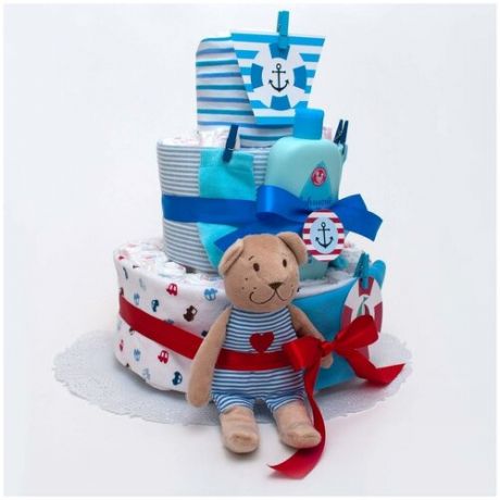Подарок новорожденному - яркий тортик из подгузников "Морские приключения" для сына на выписку из роддома, с пеленками и аксессуарами для мальчика, пеной для купания, с плюшевой игрушкой медвежонком, трехъярусный