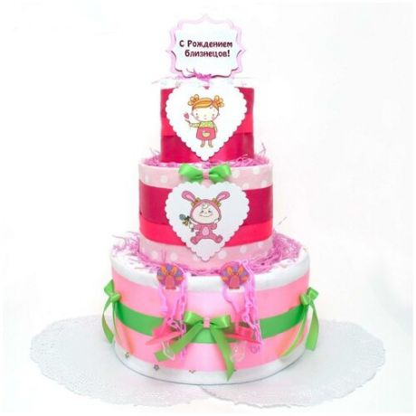 Оригинальный торт из японских памперсов и пеленок "У нас близнецы!" для новорожденных девочек, с двумя сосками, зелеными и розовыми атласными лентами, бумажными сердечками с рисунками и надписью, трехъярусный