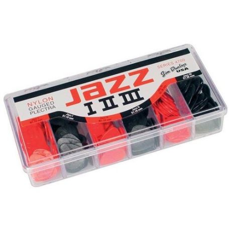 4700 Nylon Jazz I, II, III Коробка медиаторов, 144шт, 2 цвета, 3 формы, Dunlop