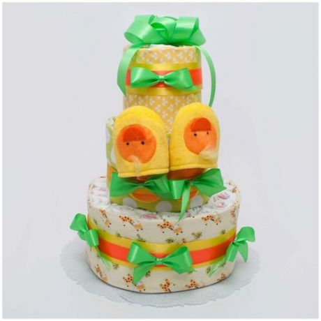 Большой тортик из пеленок и подгузников "Утенок" в подарок родителям новорожденных мальчиков и девочек, с тапочками и пеленками, с атласными лентами в желтых, оранжевых и зеленых тонах, трехъярусный
