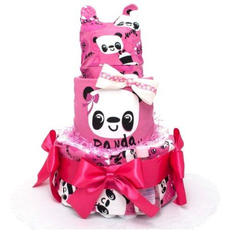 Яркий торт из памперсов для девочки "Малиновый" в подарок на выписку из роддома или baby shower, с одеждой для новорожденной дочки с рисунками веселой панды, с атласными бантами розового цвета