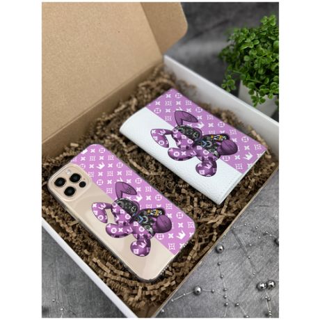 Подарочный набор MustHaveCase: Прозрачный силиконовый чехол для iPhone 12/12 Pro/ Айфон 12/12 Про + Белая кожаная обложка на паспорт Bunny Розовый