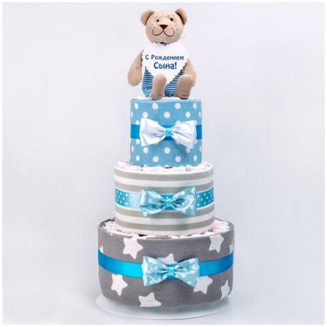 Высокий тортик из памперсов с плюшевым мишкой "С рождением сына" с пеленочками для новорожденного малыша, атласными бантами и декором в голубой, белой и серой гамме, трехъярусный