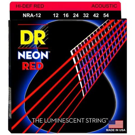 DR NRA-12 HI-DEF NEON струны для акустической гитары с люминисцентным покрытием красные 12 54
